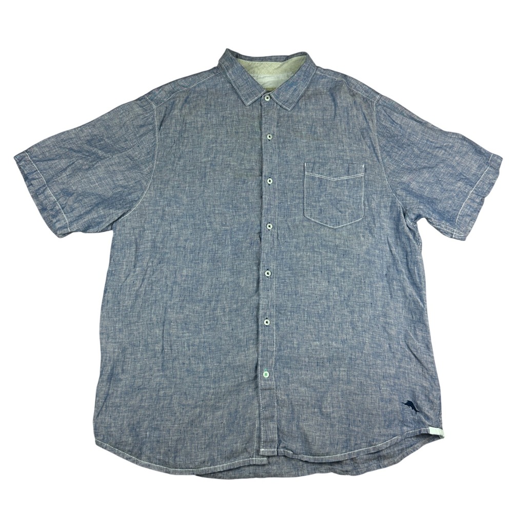 Tommy Bahama Mens XL Blue 100% Linen Short Sleeve Button Down Camp Shirt Beach